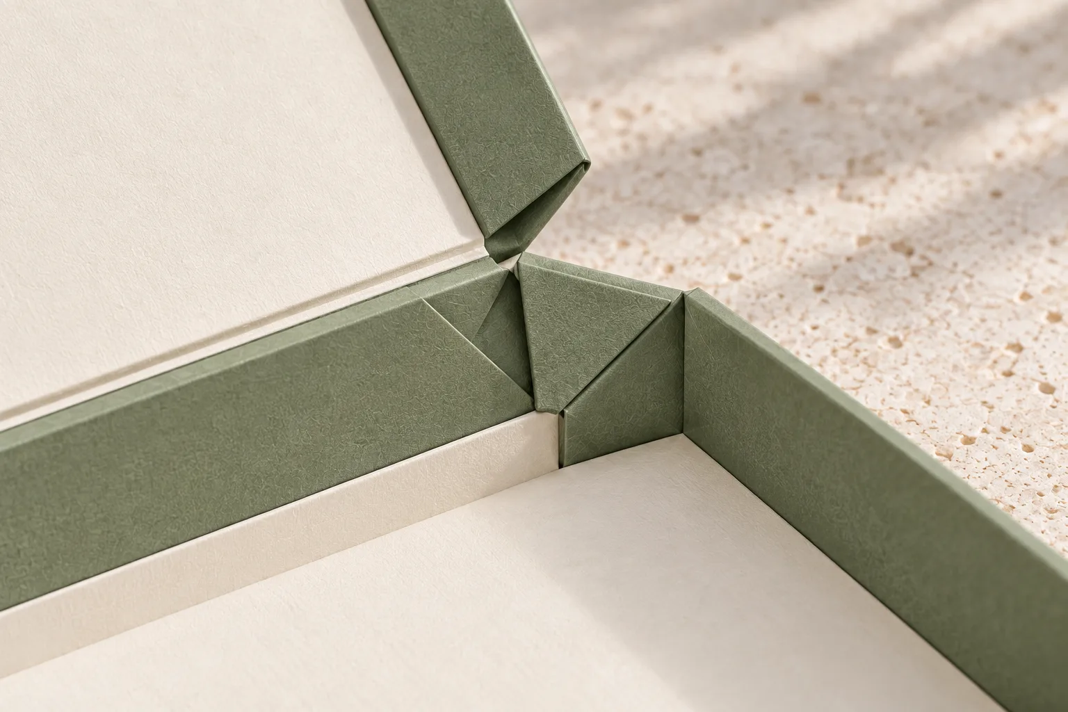 AI-generated close-up concept of a foldable rigid gift box corner