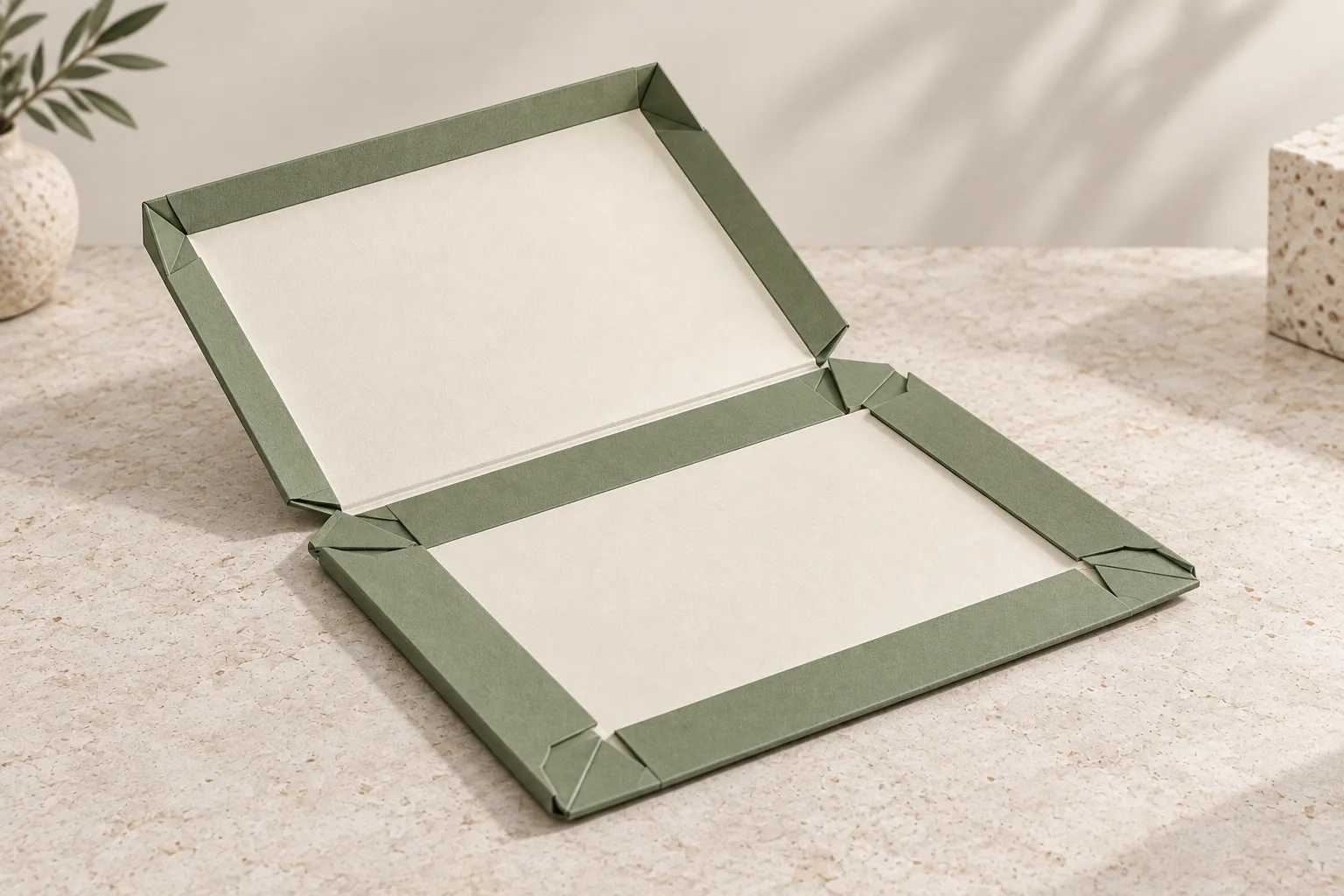 AI-generated concept of a low-profile sage-green gift box before assembly