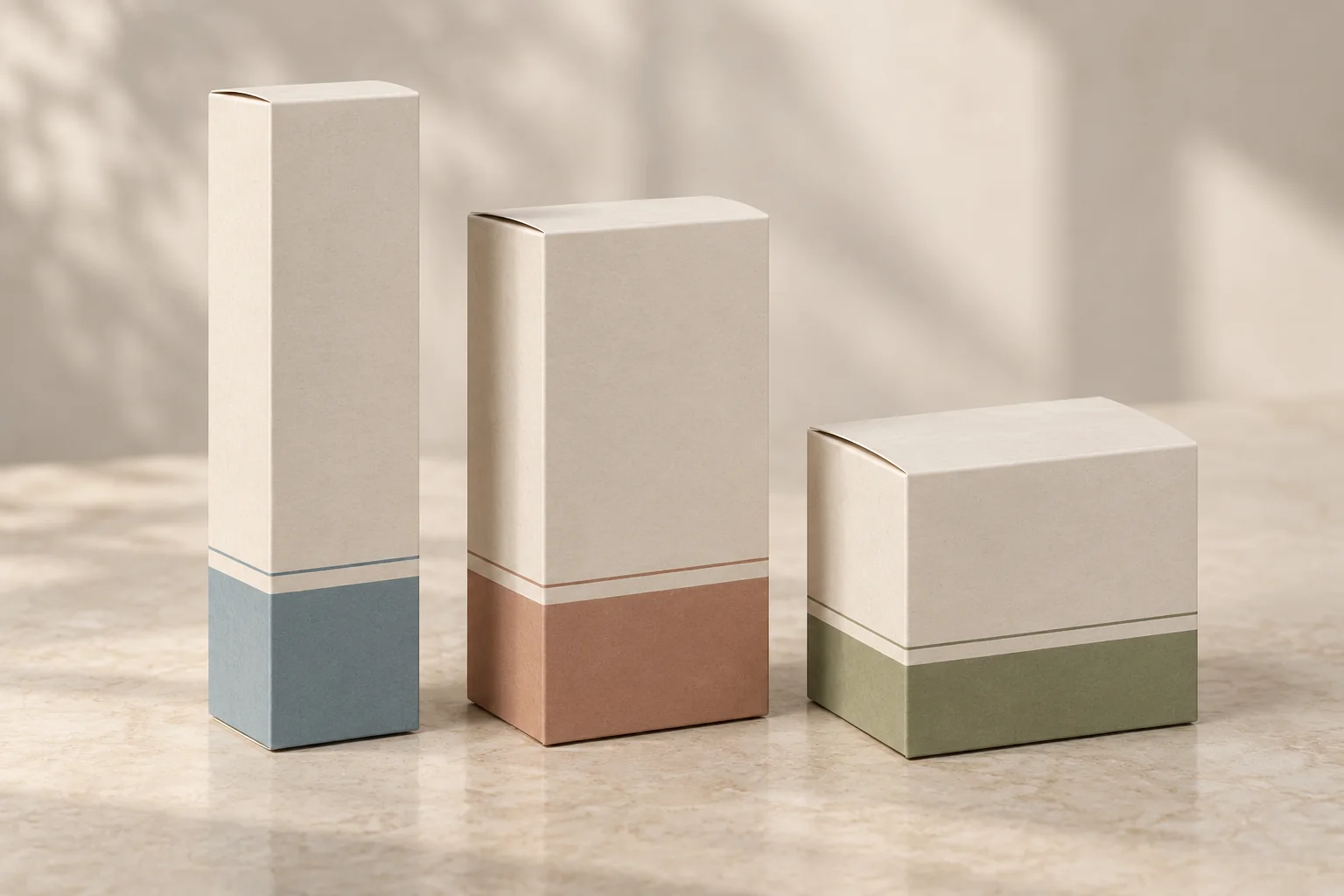 AI-generated concept of three coordinated folding cartons for a cosmetic product range