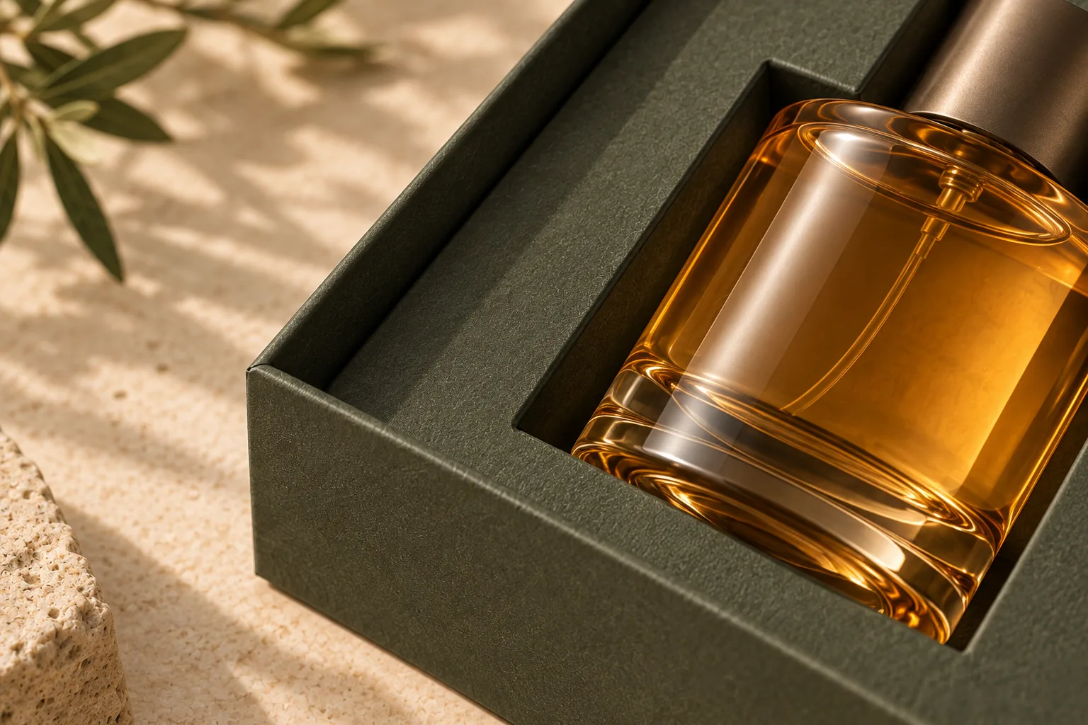 AI-generated close-up concept of an olive paperboard insert around an amber perfume bottle